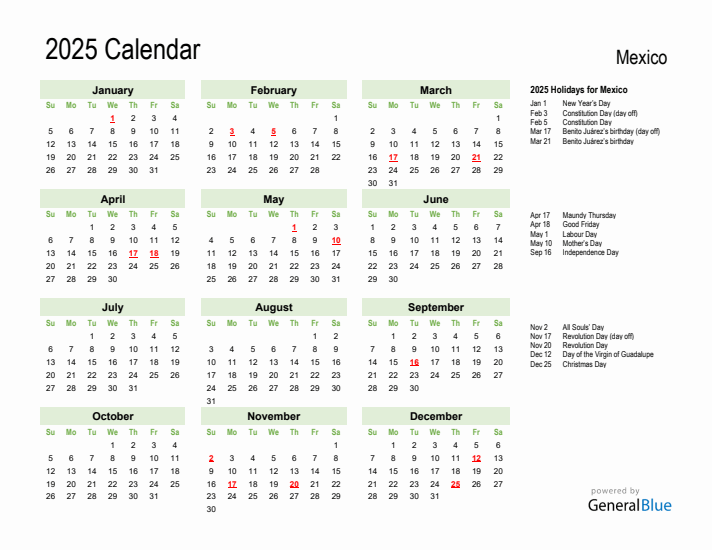 Holiday Calendar 2025 for Mexico (Sunday Start)