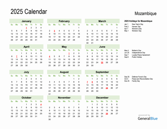 Holiday Calendar 2025 for Mozambique (Sunday Start)