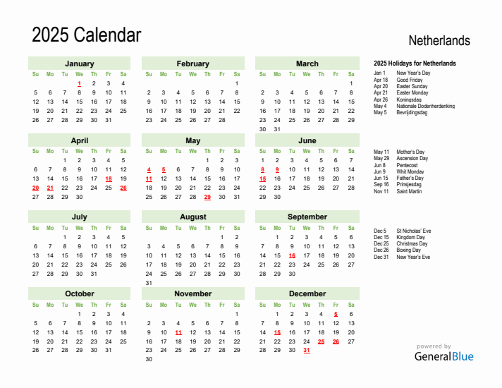 Holiday Calendar 2025 for The Netherlands (Sunday Start)