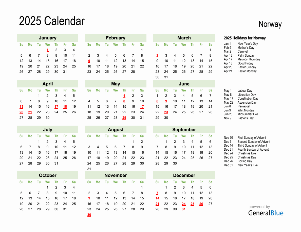 Holiday Calendar 2025 for Norway (Sunday Start)