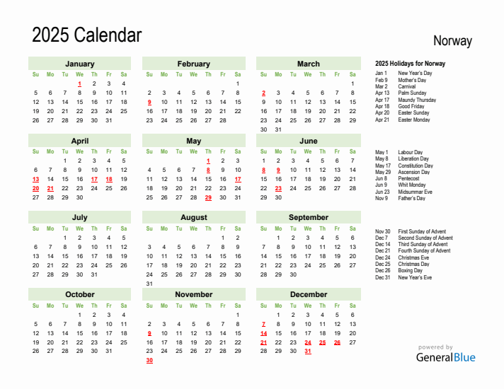 Holiday Calendar 2025 for Norway (Sunday Start)