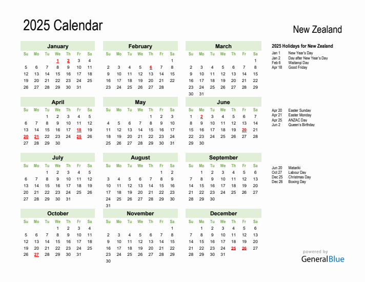 Holiday Calendar 2025 for New Zealand (Sunday Start)