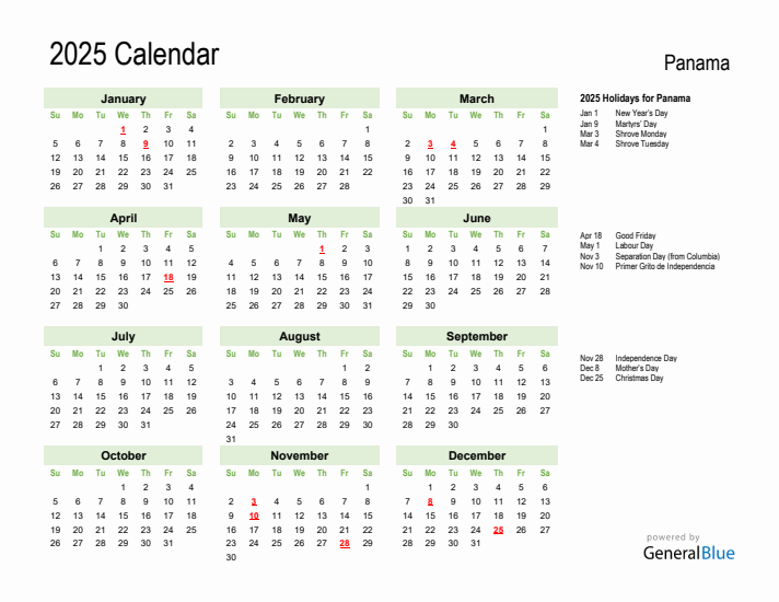 Holiday Calendar 2025 for Panama (Sunday Start)
