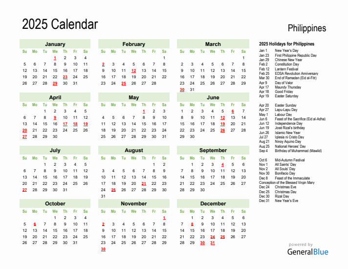 Holiday Calendar 2025 for Philippines (Sunday Start)