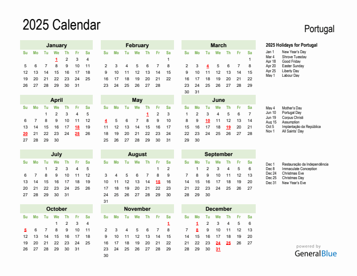Holiday Calendar 2025 for Portugal (Sunday Start)