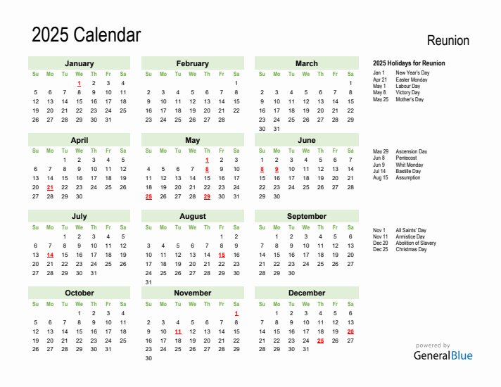 Holiday Calendar 2025 for Reunion (Sunday Start)