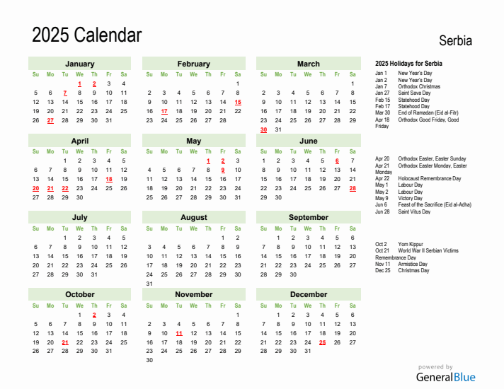 Holiday Calendar 2025 for Serbia (Sunday Start)