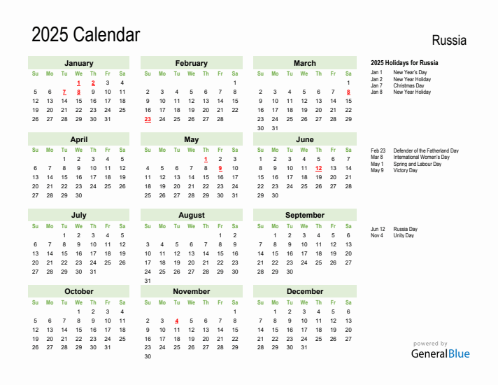Holiday Calendar 2025 for Russia (Sunday Start)