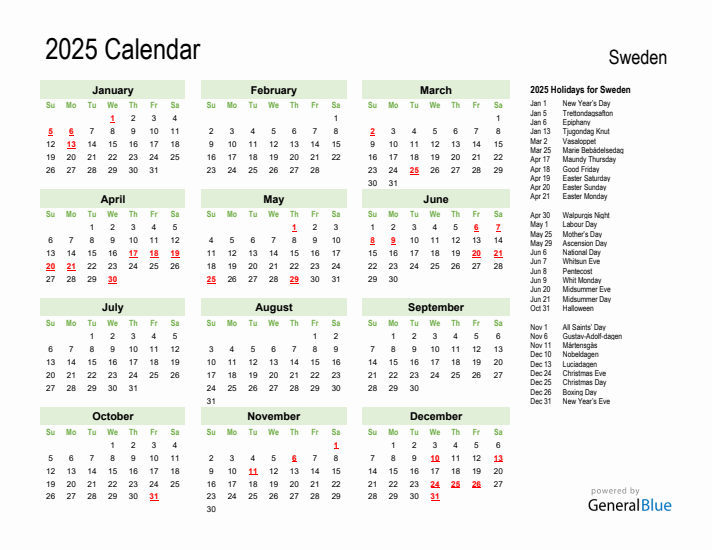Holiday Calendar 2025 for Sweden (Sunday Start)