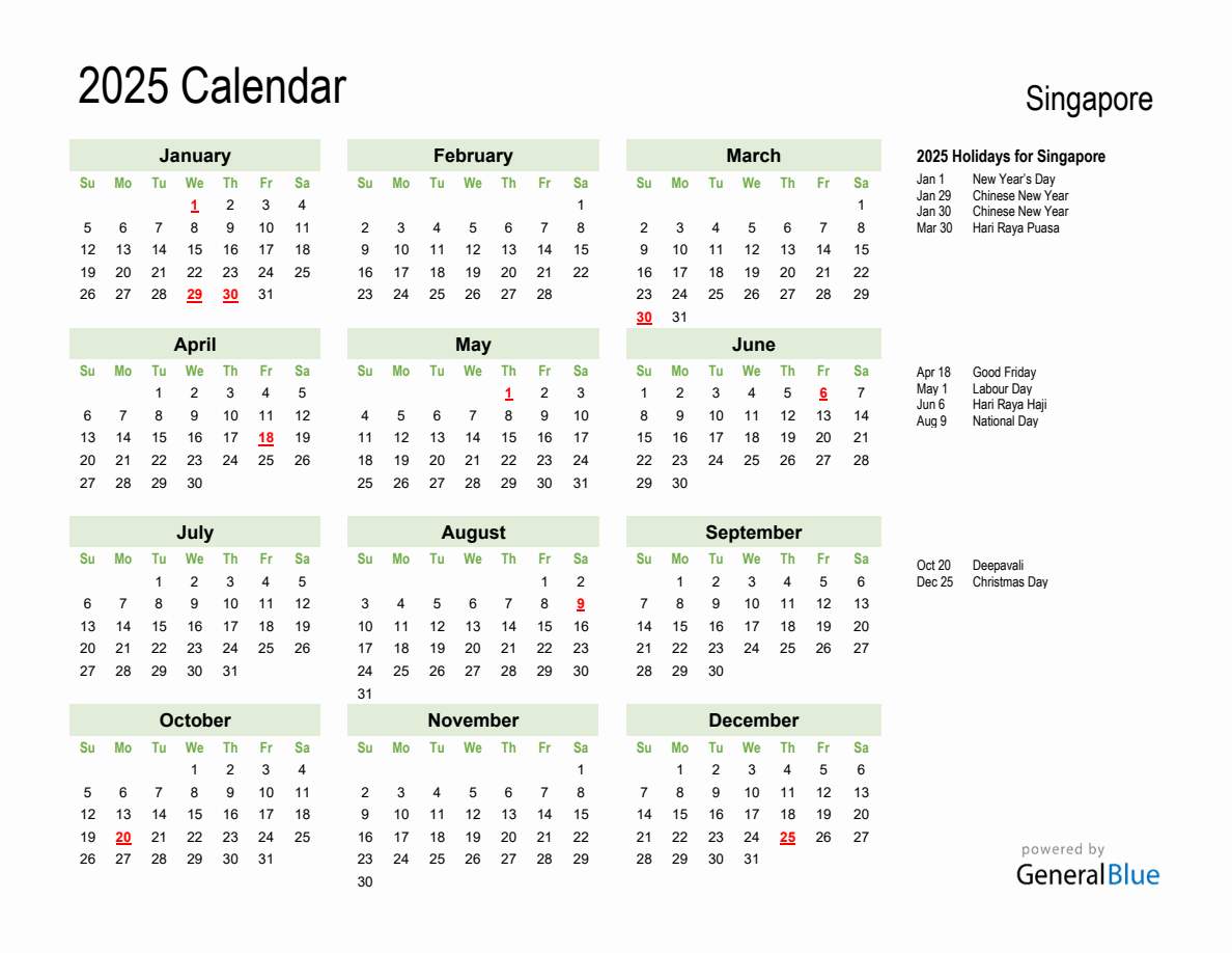 Holiday Calendar 2025 for Singapore (Sunday Start)