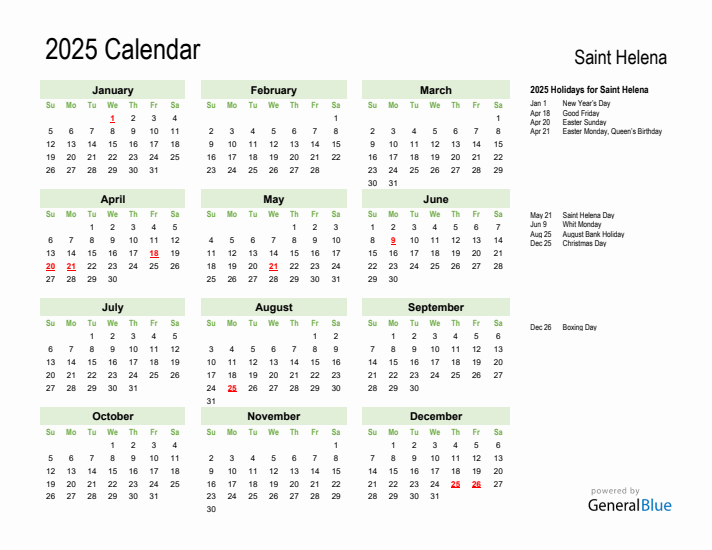 Holiday Calendar 2025 for Saint Helena (Sunday Start)