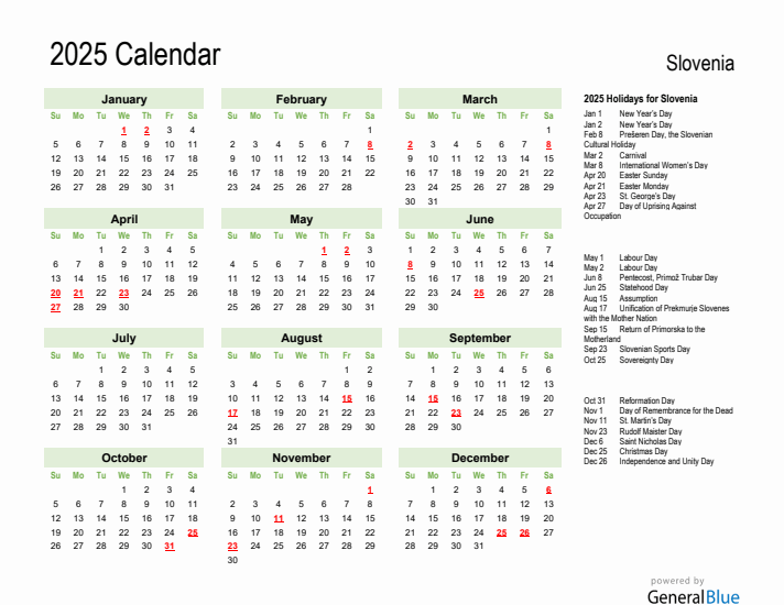 Holiday Calendar 2025 for Slovenia (Sunday Start)