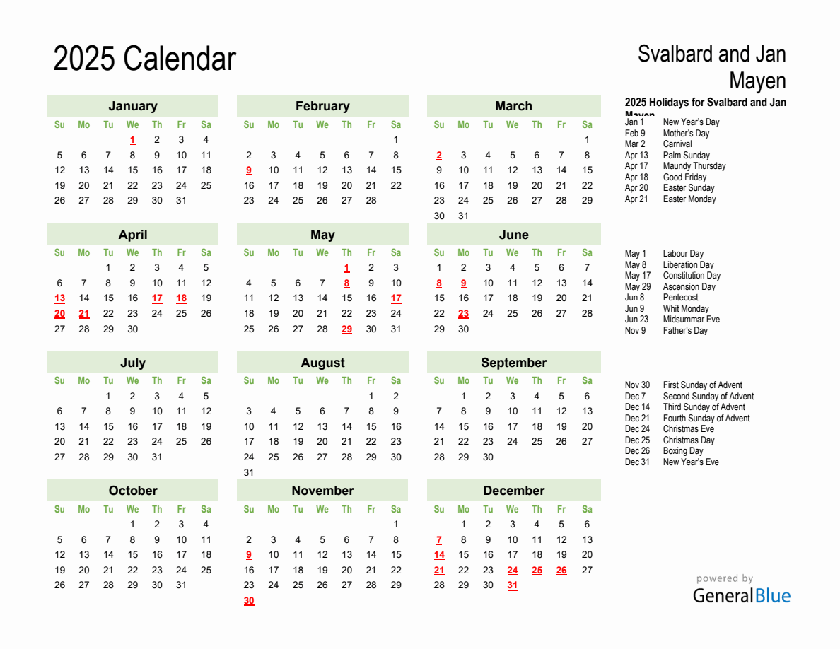 Holiday Calendar 2025 for Svalbard and Jan Mayen (Sunday Start)