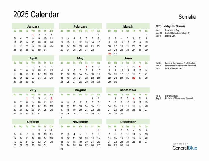 Holiday Calendar 2025 for Somalia (Sunday Start)