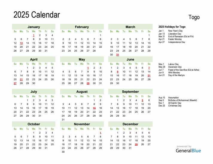 Holiday Calendar 2025 for Togo (Sunday Start)