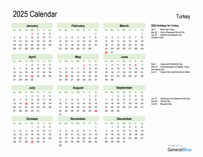 Holiday Calendar 2025 for Turkey (Sunday Start)