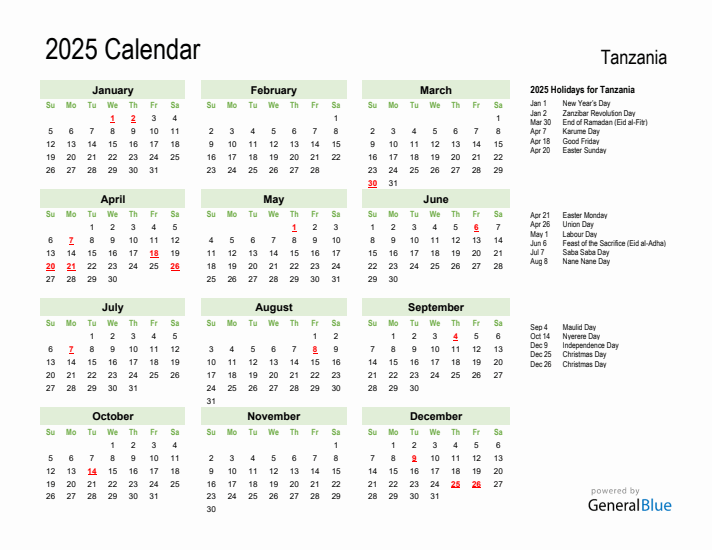 Holiday Calendar 2025 for Tanzania (Sunday Start)