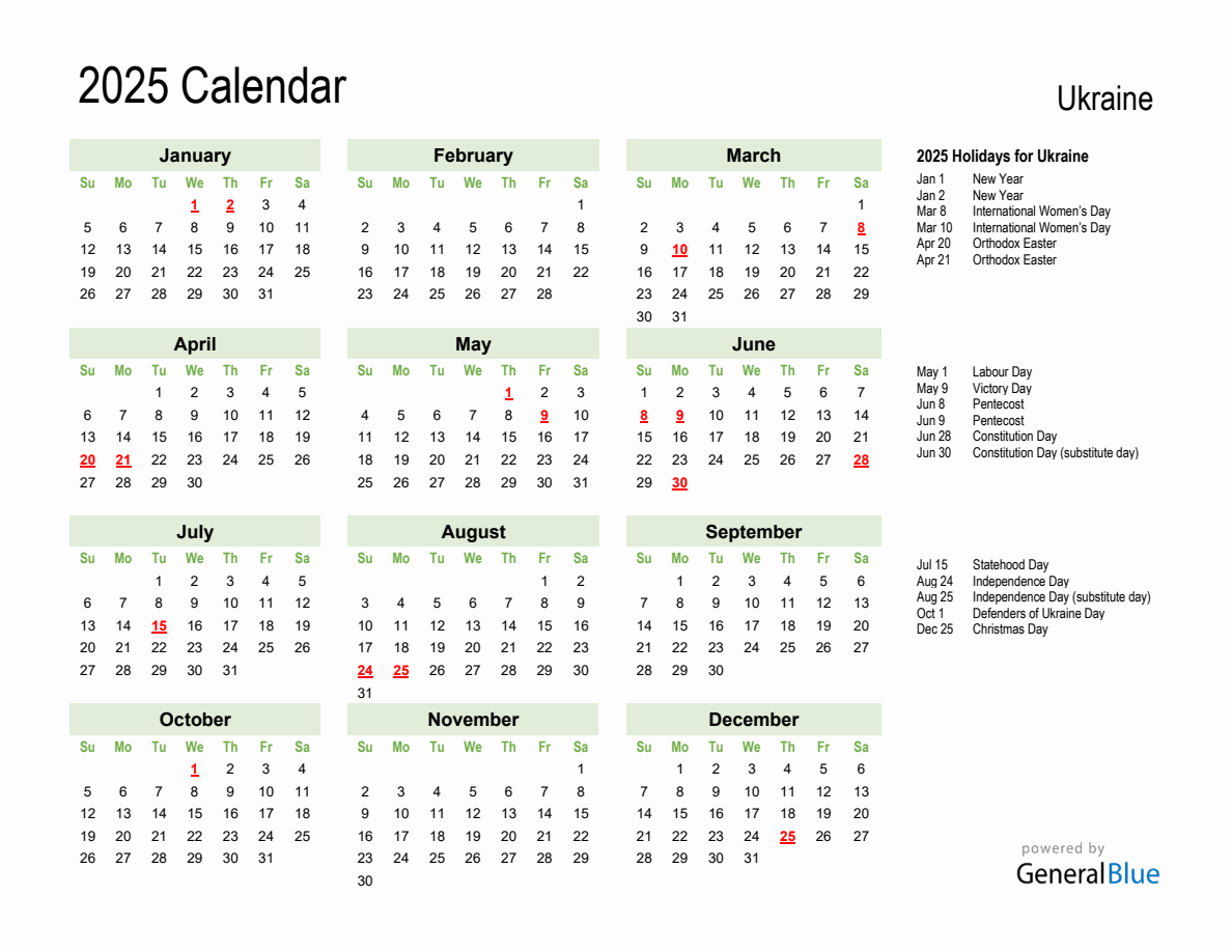 Holiday Calendar 2025 for Ukraine (Sunday Start)