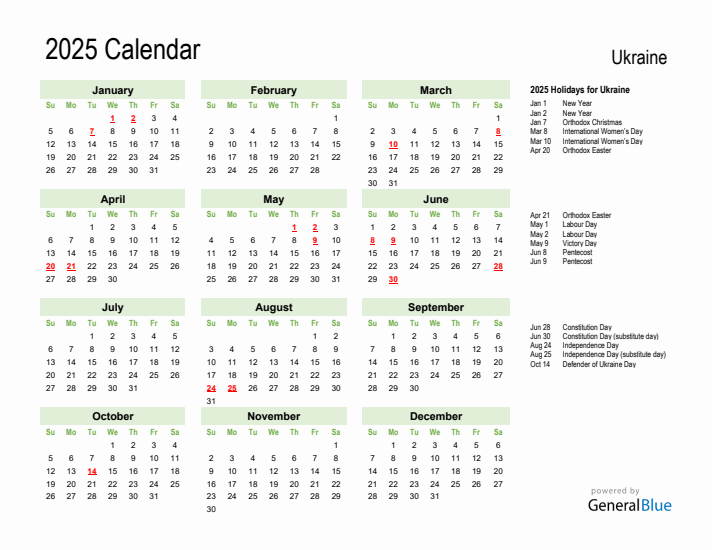 Holiday Calendar 2025 for Ukraine (Sunday Start)