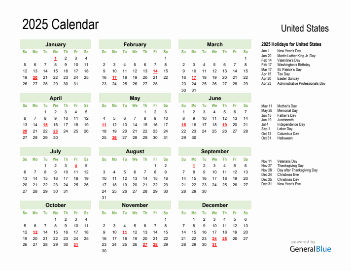 Holiday Calendar 2025 for United States (Sunday Start)
