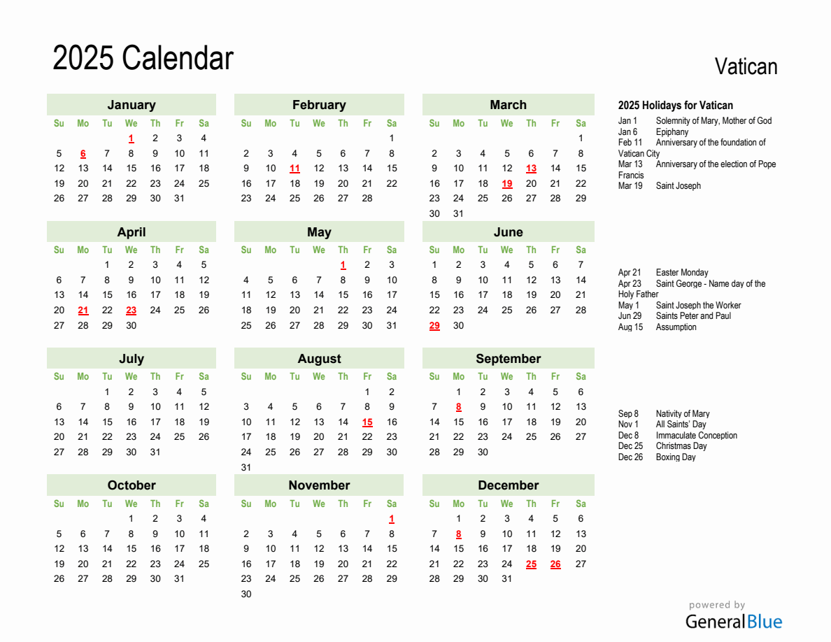 Holiday Calendar 2025 for Vatican (Sunday Start)