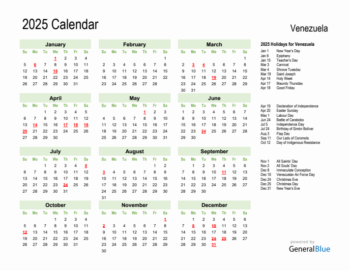 Holiday Calendar 2025 for Venezuela (Sunday Start)