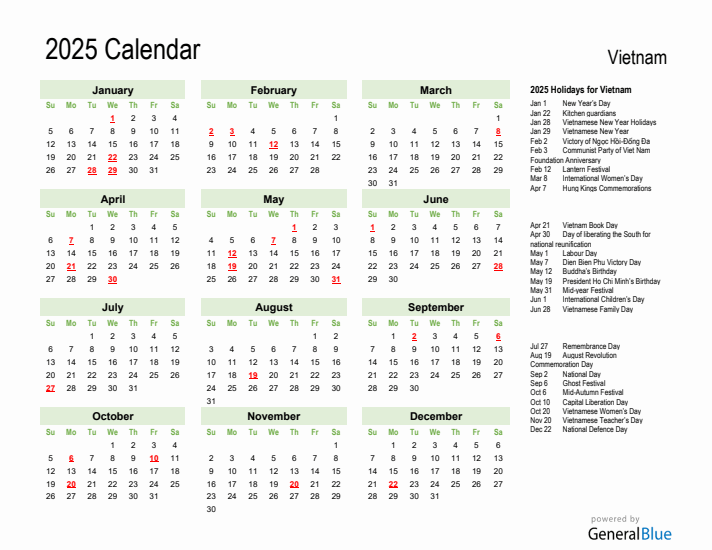 Holiday Calendar 2025 for Vietnam (Sunday Start)