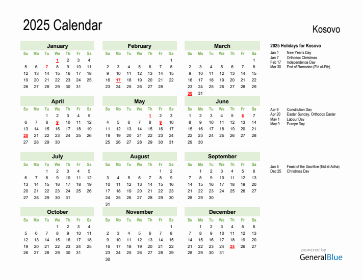Holiday Calendar 2025 for Kosovo (Sunday Start)