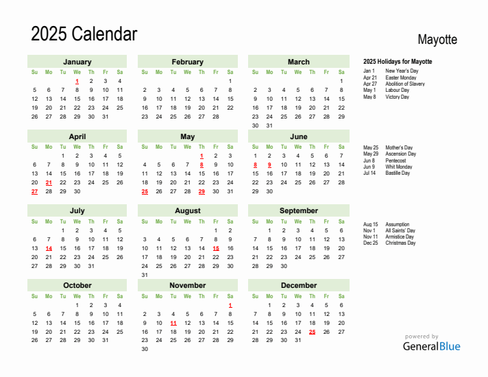 Holiday Calendar 2025 for Mayotte (Sunday Start)