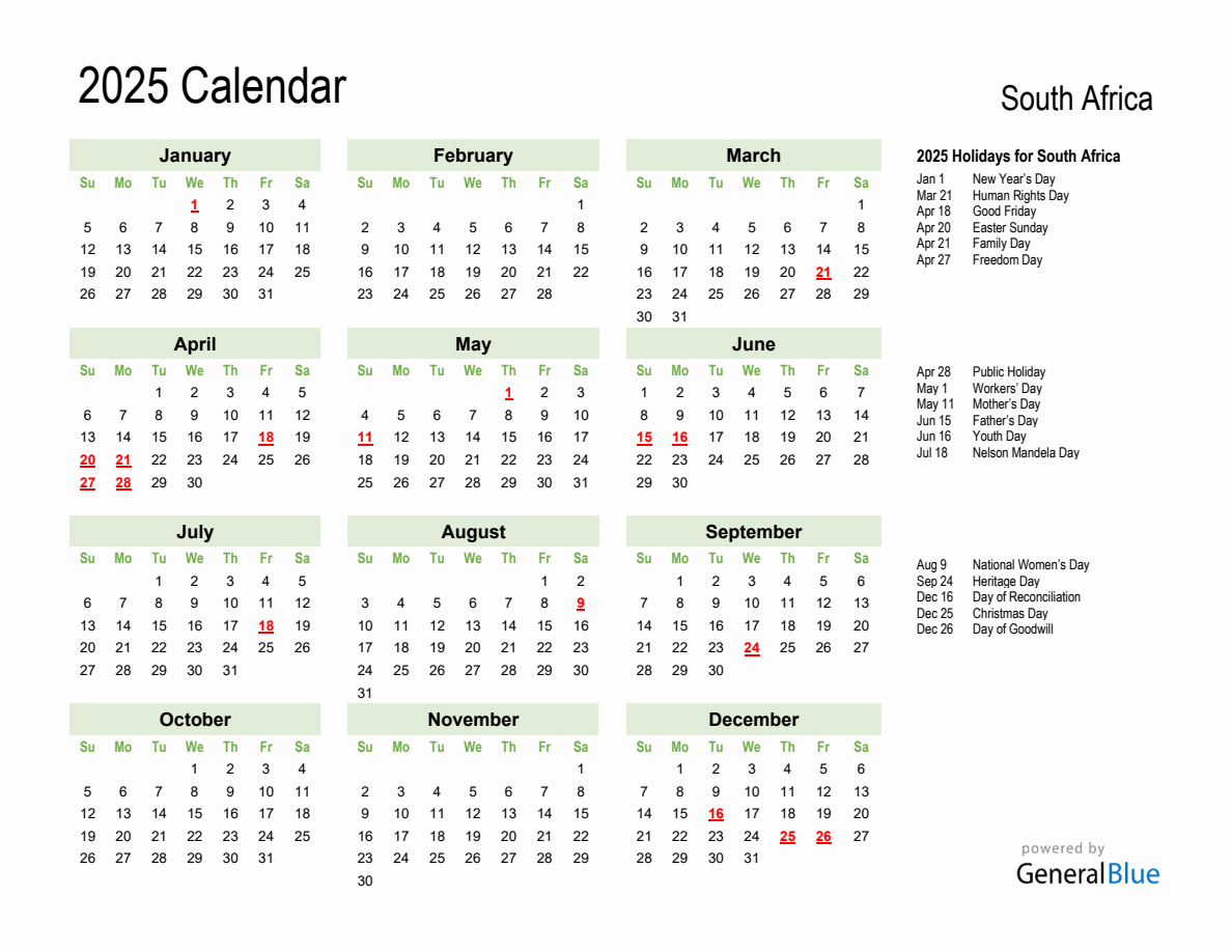 Holiday Calendar 2025 for South Africa (Sunday Start)