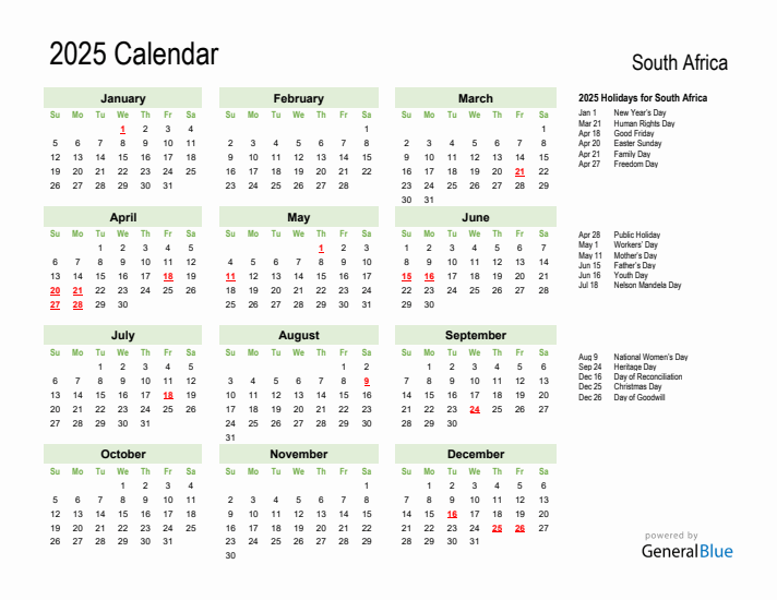 Holiday Calendar 2025 for South Africa (Sunday Start)