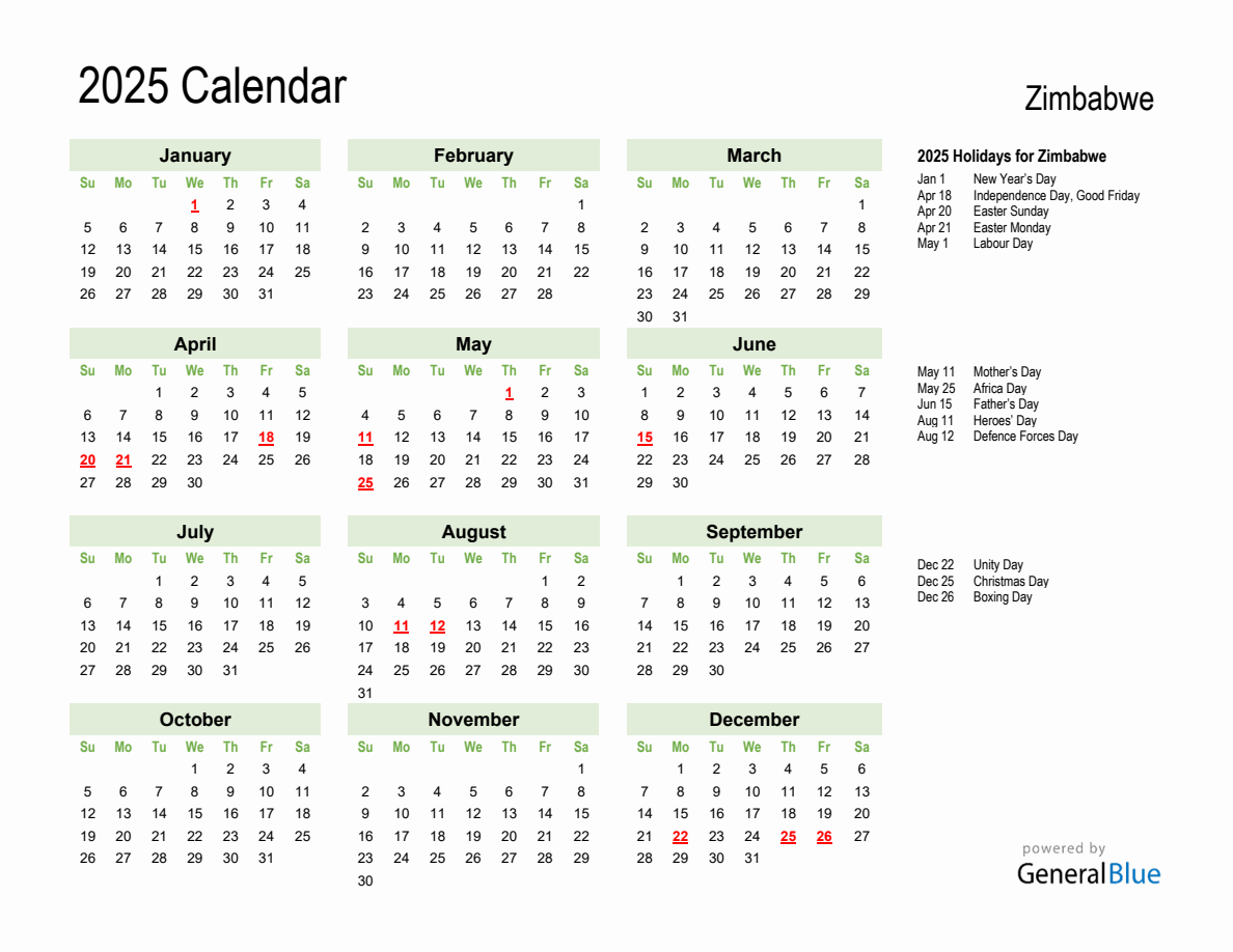 Holiday Calendar 2025 for Zimbabwe (Sunday Start)