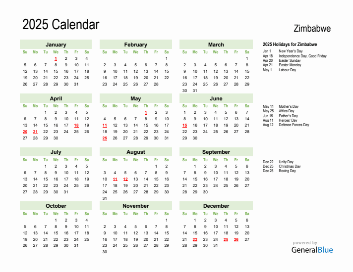 Holiday Calendar 2025 for Zimbabwe (Sunday Start)