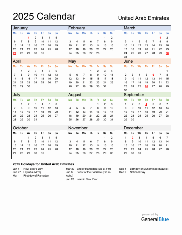 Calendar 2025 with United Arab Emirates Holidays