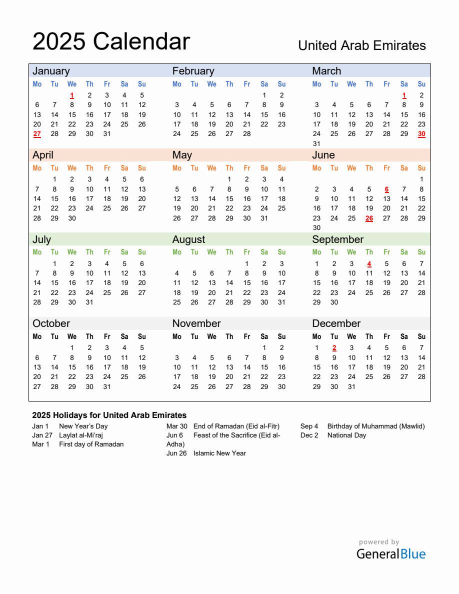 Annual Calendar 2025 with United Arab Emirates Holidays