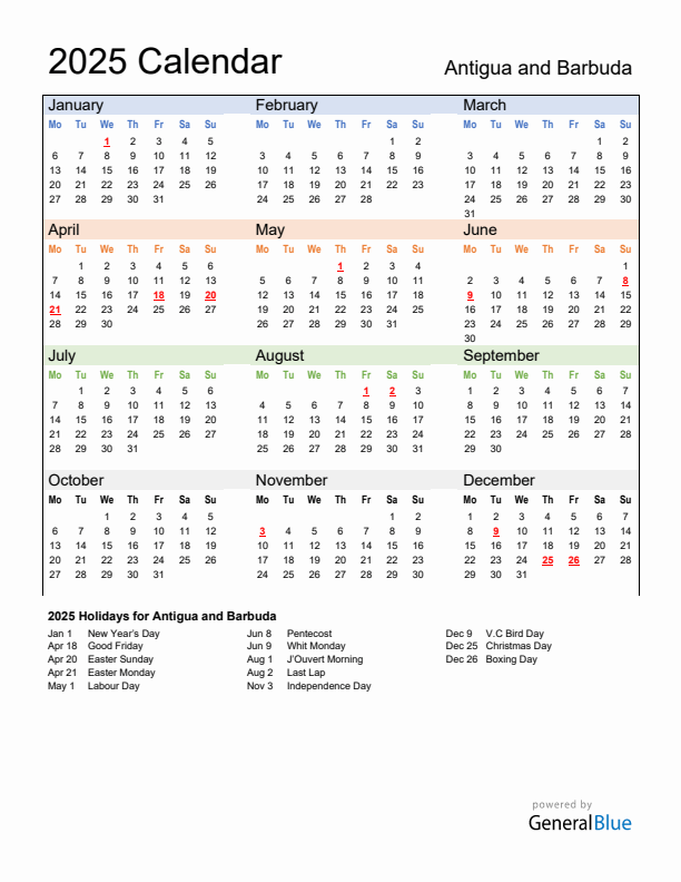 Calendar 2025 with Antigua and Barbuda Holidays