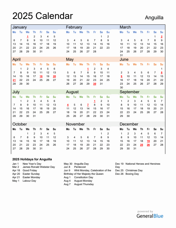 Calendar 2025 with Anguilla Holidays