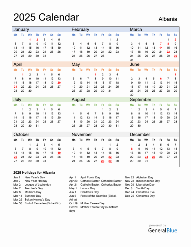 Calendar 2025 with Albania Holidays