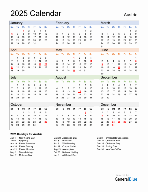 Calendar 2025 with Austria Holidays