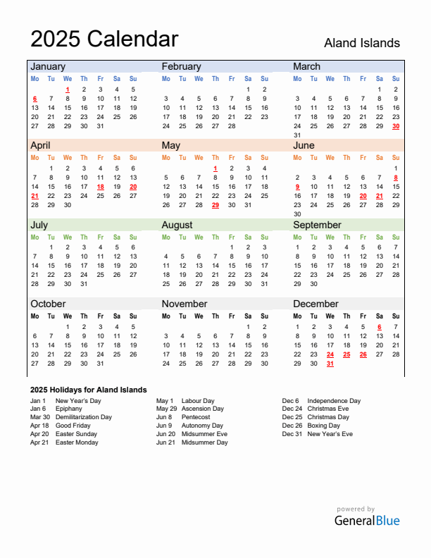 Calendar 2025 with Aland Islands Holidays