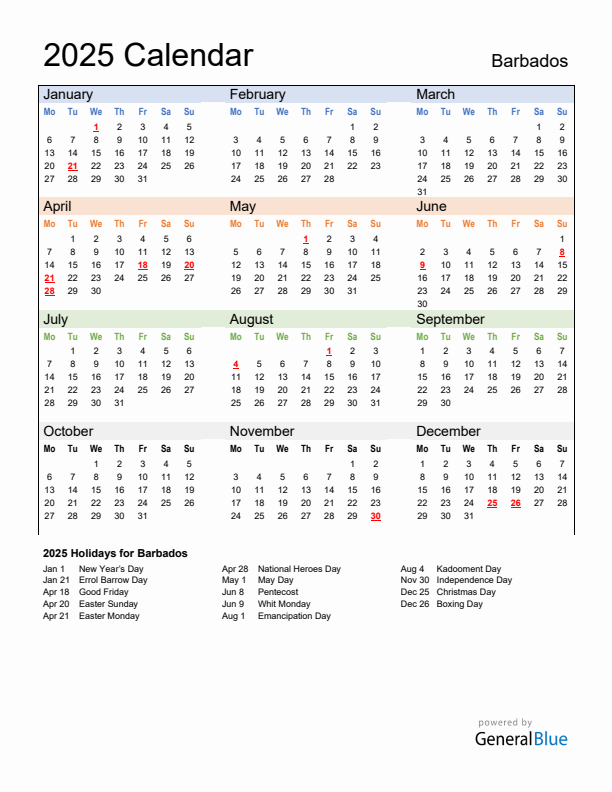 Calendar 2025 with Barbados Holidays