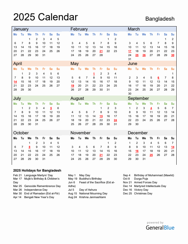 Calendar 2025 with Bangladesh Holidays