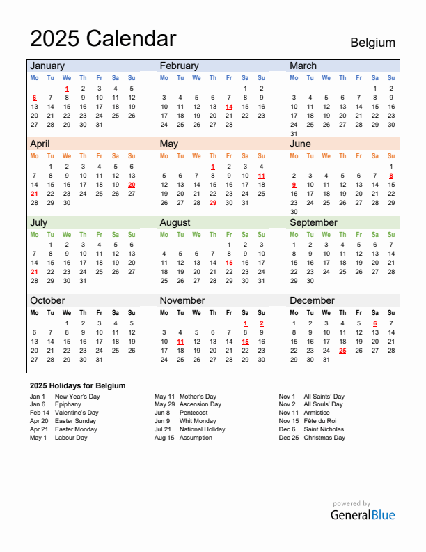 Calendar 2025 with Belgium Holidays