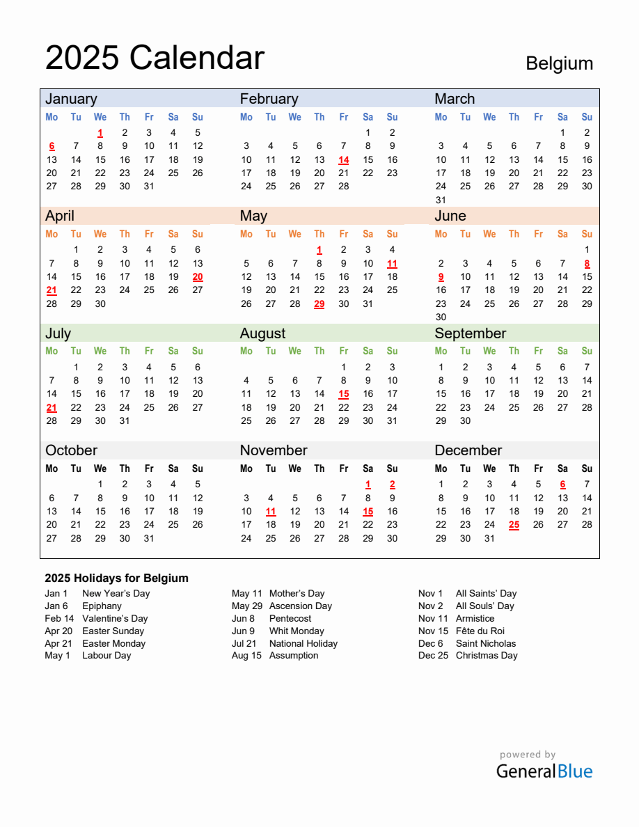 Annual Calendar 2025 with Belgium Holidays