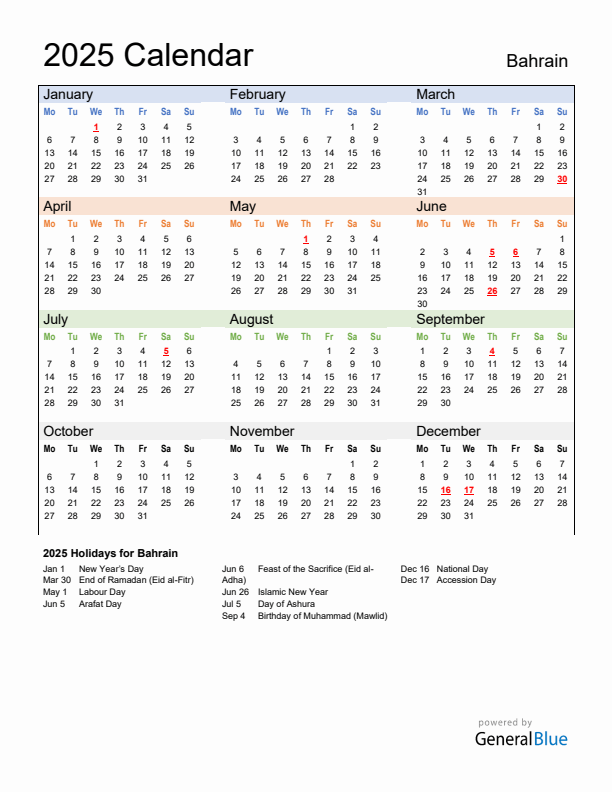 Calendar 2025 with Bahrain Holidays