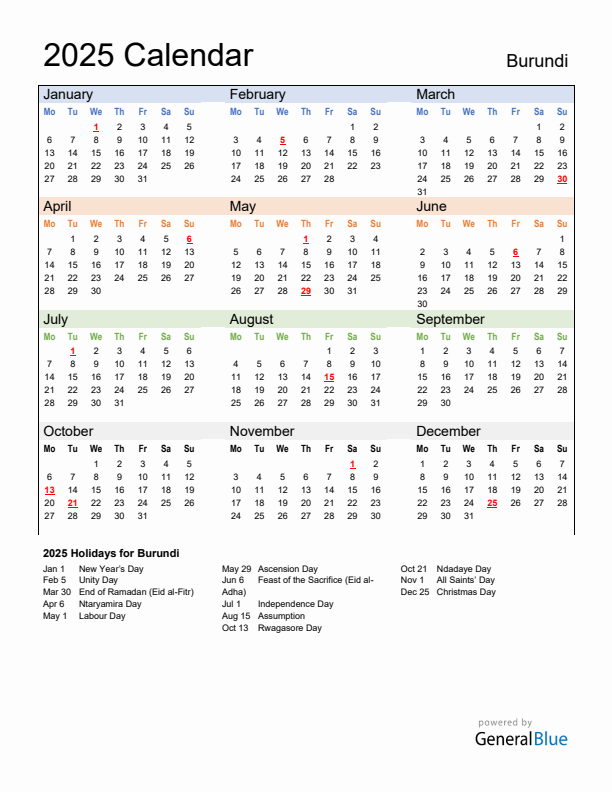 Calendar 2025 with Burundi Holidays