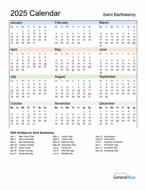 Calendar 2025 with Saint Barthelemy Holidays