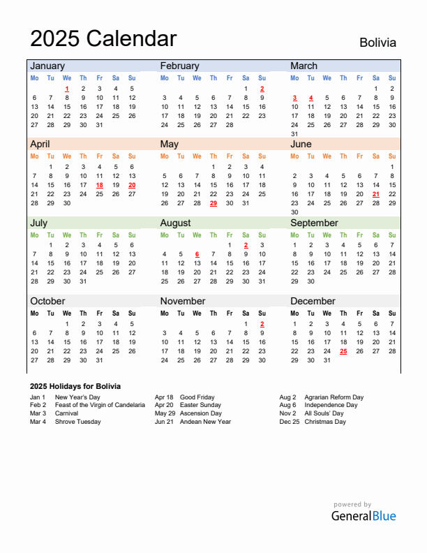 Calendar 2025 with Bolivia Holidays