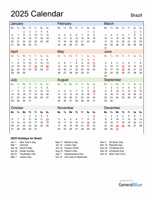 Calendar 2025 with Brazil Holidays