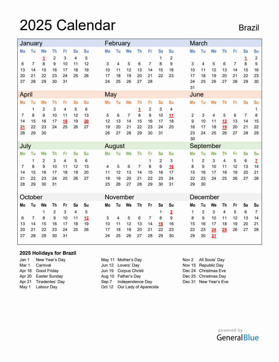 Annual Calendar 2025 with Brazil Holidays